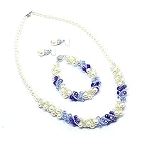 Beautiful Handmade Beaded Necklace Bracelet Earrings Set Gold Crystal Simulated Pearl Jewelry