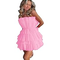 A Line Strapless Tiered Tulle Short Birthday Dress Sweet 16 2023 Puffy Mini Cocktail Prom Homecoming Gown