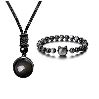 Bundle of Jovivi 16mm Natural Black Obsidian Rainbow Eyes Stone Lucky Blessing Chakra Beads Pendant Necklace Silver Obsidian Crystal Beaded Cat Bracelet