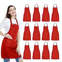12 Pack Bib Apron - Unisex Red Apron Bulk with 2 Roomy Pockets Machine Washable for Kitchen Crafting BBQ Drawing