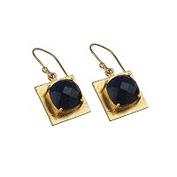 Statement Brass Gold Plated Prong-Sett Hook Earring | Cushion Shape Wholesale Handmade Earring | Tanzanite Gemstone Fish Hook Earring | 259803