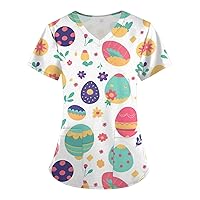 2024 V-Neck Tops Short Sleeve Blouse Ladies Tunic Easter Printed Tee Loose Tshirt Pocket Daily Tops Dressy Shirt