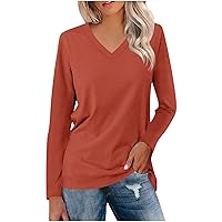 Womens V Neck Long Sleeve T Shirts Casual Solid Color Basic Tee Tops Simple Fashion Pullover Lightweight Base Shirt