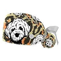 Adjustable Scrub Bouffant Caps 2 Packs Dog Bone Paw Working Hat Hair Cover with Ponytail Pouch Soft Surgical Nurse Cap