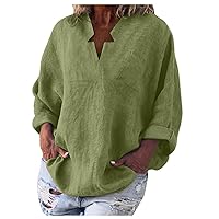 Women Casual Cotton Linen Shirt, Ladies Long Sleeve V Neck Loose Fitted Fall Clothes Oversized Blouse Dressy Tunic Top Army Green