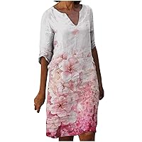 Women Elegant 3/4 Sleeves Summer Dresses Flowers Printed V-Neck Knee-Length Dress Tunic Waist Sundress