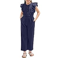 GAMISOTE Girls Wide Leg Jumpsuit Cotton Sleeveless Button Up Ruffle One Piece Rompers