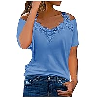 Womens Halter Neck Lace Trim Tops Short Sleeve Cold Shoulder Shirts Sexy Dreesy Elegant Casual Blouse Plus Size