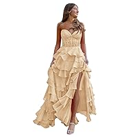 Lace Appliques Prom Dress Strapless Party Dress Tiered Ruffle Chiffon Formal Evening Dress with Slit BU089