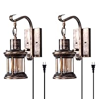 Rustic Wall Light, 2-in-1 Oil Rubbed Bronze Vintage Wall Light Fixtures Hardwired Plug in Industrial Glass Shade Lantern Lighting Retro Lamp Metal Wall Sconce for Home Bedroom Dining Room cafe(2 pack)