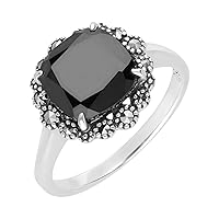 Esse Marcasite Sterling Silver Square Cushion Cut 3.111ct Black Spinel and Marcasite Ring