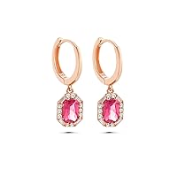 Ruby Earrings, Baguette Earrings, 14K Real Gold Ruby Earrings, Hoops Earrings, Dainty initial Ruby Earrings, Birthday Gift