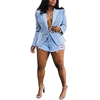 Women's Denim Casual Blazer Lapel Collar Open Front Slim Fit Work Office Jean Jacket Coat