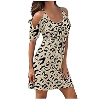Women Leopard Ruched Short Sleeve Cold Shoulder Cami Dress Summer Fashion Crewneck Casual Swing Tunic Mini Dresses