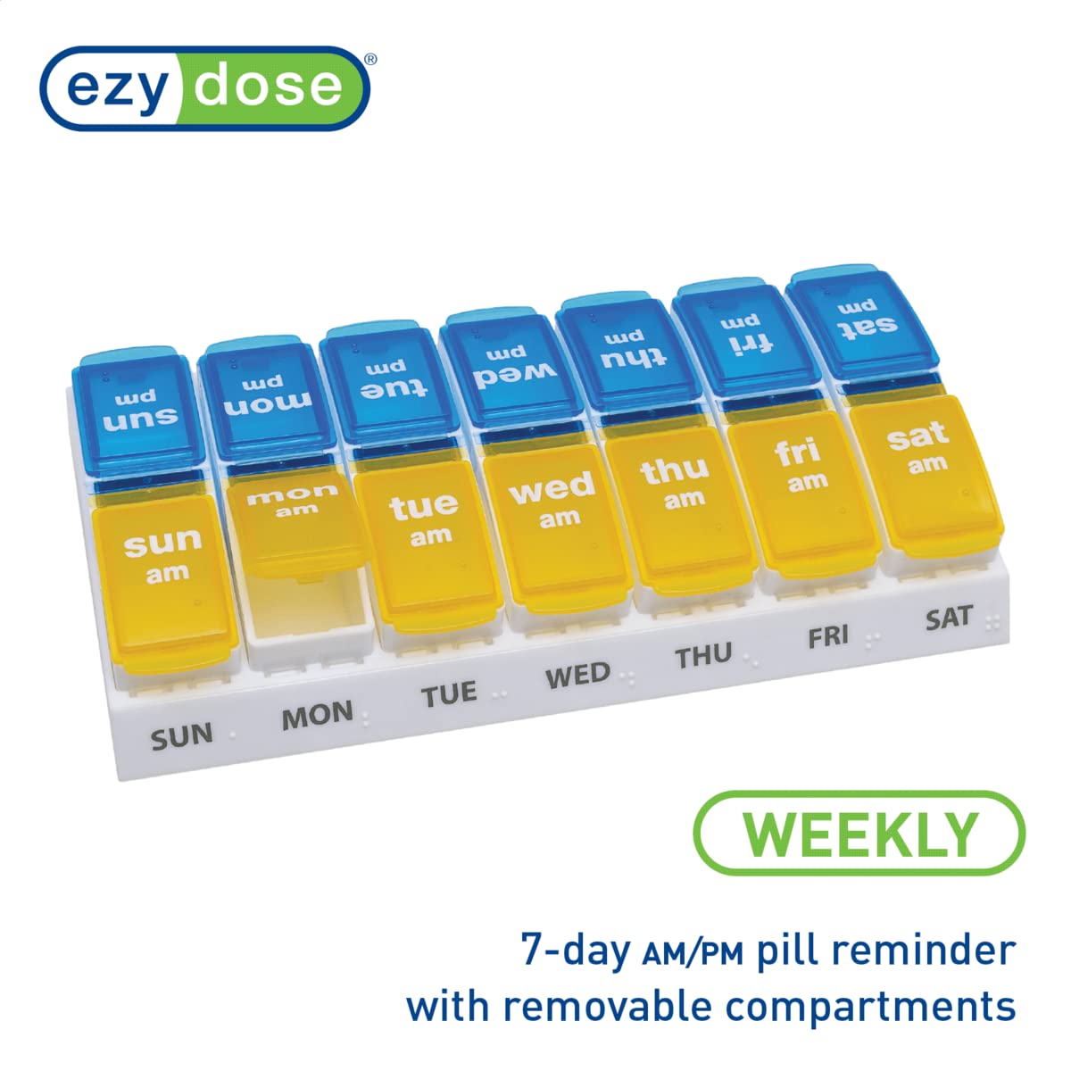 EZY DOSE Weekly (7-Day) AM/PM Pill Case, Medicine Planner, Vitamin Organizer, Large Pop-Out Compartments, 2 Times a Day, Blue and Yellow Lids