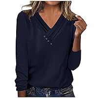 Long Sleeve Tees for Women, Women's Casual Pleated V Neck Tunic Tops Cute Shirt Fashion Ladies Loose Fit Work Blouses