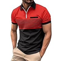 Short Sleeve Polo Shirts for Men Business Contrast Striped Printed Shirts Fashion Comfortable Golf Shirts with Zipper