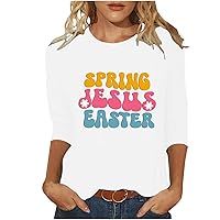 3/4 Sleeve Happy Easter Shirts Trendy Funny Letter Print Tops Crewneck Dressy Blouses Casual Rabbit Egg Graphic Tees