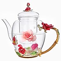 Enamel Glass Flower Tea Pot With Removable Loose Tea Leaf Infuser Tea Maker Teapot Set 30.4OZ Gifts for Women,Mom,Birthday