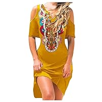 Women's Beach Short Sleeve Knee Length Print Swing V-Neck Trendy Glamorous Dress Flowy Casual Loose-Fitting Summer