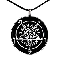 Church of Satan Jewelry Sigil of Lucifer Baphomet Inverted Pentacle Pentagram Star Silver Medallion Pewter Men's Pendant Necklace Lucky Charm Protection Amulet Safe Travel Talisman Black Leather Cord