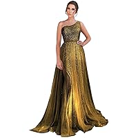 One Shoulder Sequin Prom Dress 2024 Tulle A Line Ball Gown Glitter Evening Gown Formal Dress with Slit