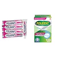 Super Poligrip Original Denture Adhesive Cream (Pack of 4) and Polident Smokers Denture Cleanser Tablets - 120 Count