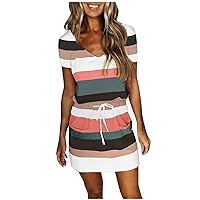 Summer Casual Dresses for Women Sleeveless V Neck Stripe Spaghetti Dress Swing Sling Strap Dress with Belt