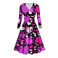 Valentines Day Long Sleeve Dress for Women Multicolor Love Heart Graphic V-Neck Pleated A-Line Party Holiday Dresses