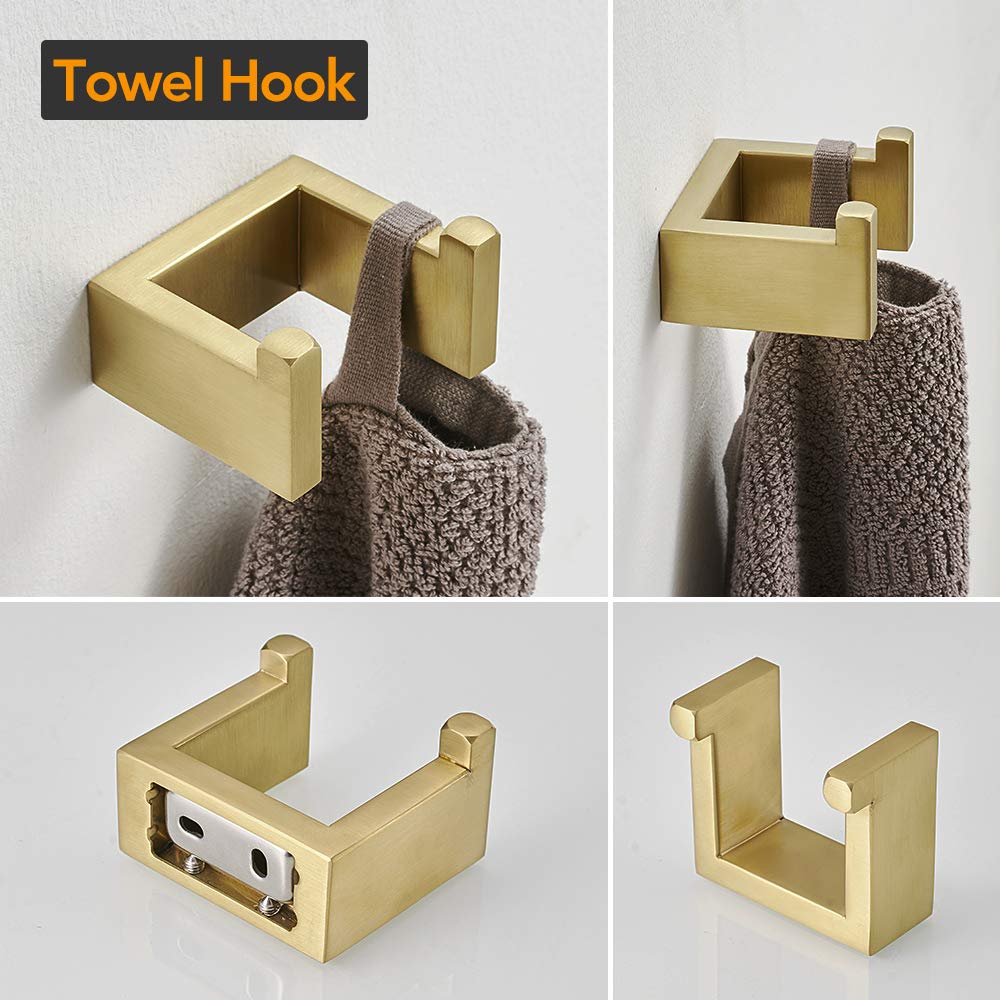 BESy 4 Piece Bathroom Accessories Set (Towel Bar, Hand Towel Holder Towel Ring, Toilet Paper Holder, Double Towel Hook), Wall Mounted Bath Hardware Accessory Fixtures Set, Stainless Steel/Brushed Gold