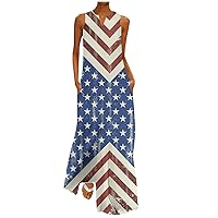 4th of July Womens Stars Stripes Tank Maxi Dress Summer Sleeveless V Neck Trendy Swing Tunic Dresses with Pockets