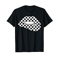 Funny Checkered Black White Lip Cute Checkerboard Drag Lips T-Shirt