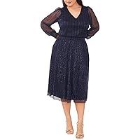 MSK Womens Plus Metallic Midi Cocktail and Party Dress Navy 2X