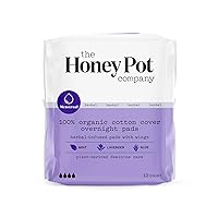 The Honey Pot Company - Herbal Organic Pads for Women Overnight with Wings - Infused w/Essential Oils for Cooling Effect, Cotton Cover, & Ultra-Absorbent Pulp Core -Feminine Care - Overnight - 12 ct