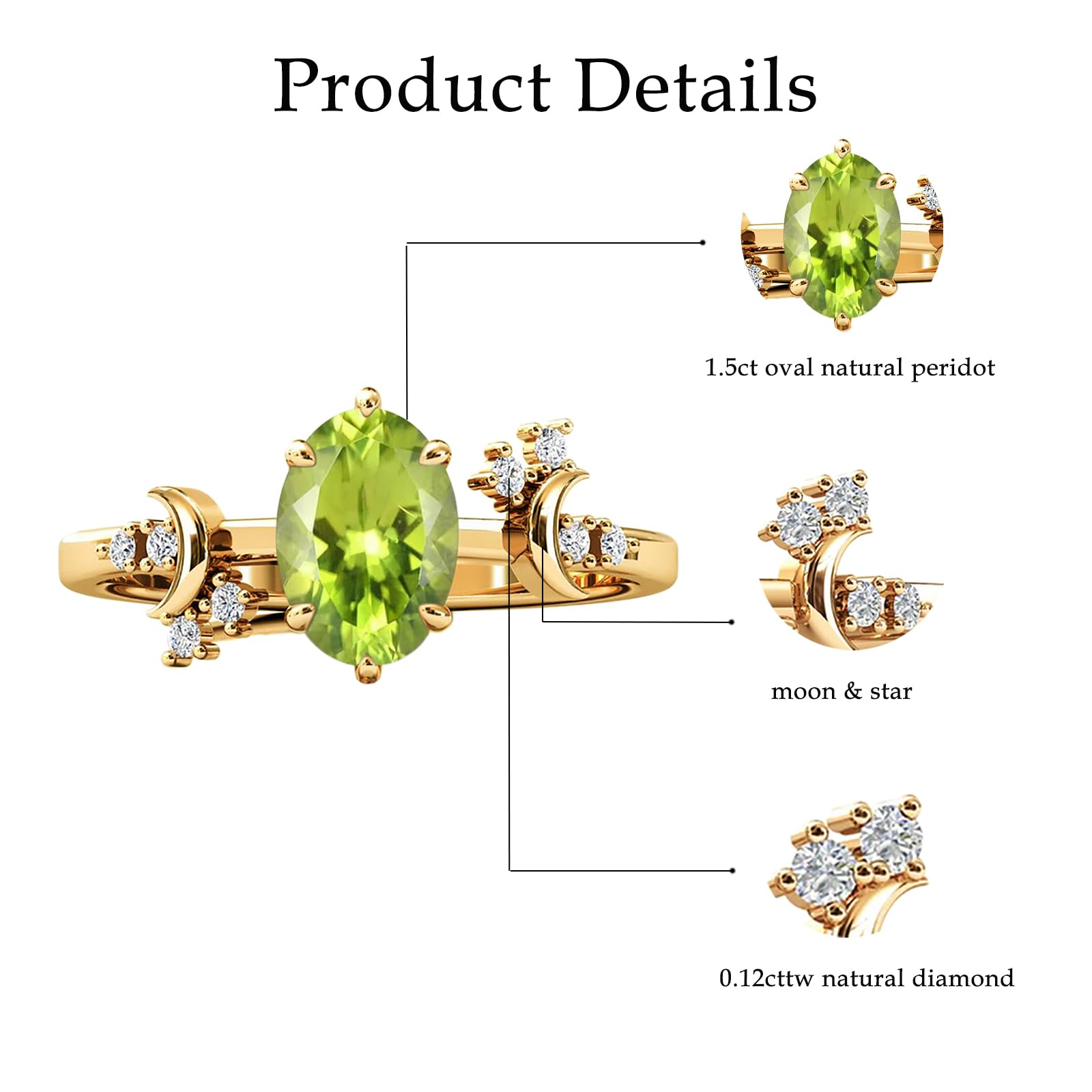 CTIEIP 10K 14K 18K Gold 0.12cttw Natural Diamond Moon Goddess Gemstone Engagement Rings for Women 1.5ct Oval Natural Gemstone Promise Anniversary Wedding Rings