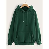 Sweatshirts for Women - Raglan Sleeve Kangaroo Pocket Hoodie (Color : Dark Green, Size : Medium)