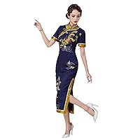 Cheongsam Dresses Phoenix Printed Silk Oblique Placket Party Qipao Chinese Dress Women 3243