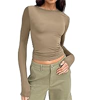 Women Long Sleeve Shirt Basic Crop Top Crewneck Layering Casual Slim Fit Y2K Tight Going Out Tops Spring Clothes 2024