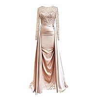 Women's Mermaid Satin Evening Dress O Neck Long Sleeves Beads Sequin Formal Prom Wedding Party Gowns