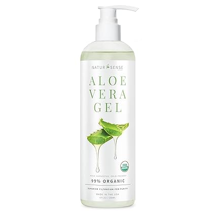 NTRSNS NaturSense Organic Aloe Vera Gel from 100% Pure Aloe–Great for Hair, Scalp, Face, Dry Skin, Acne, Sunburn, Sensitive Skin–Unscented, USDA Certified–12 oz.