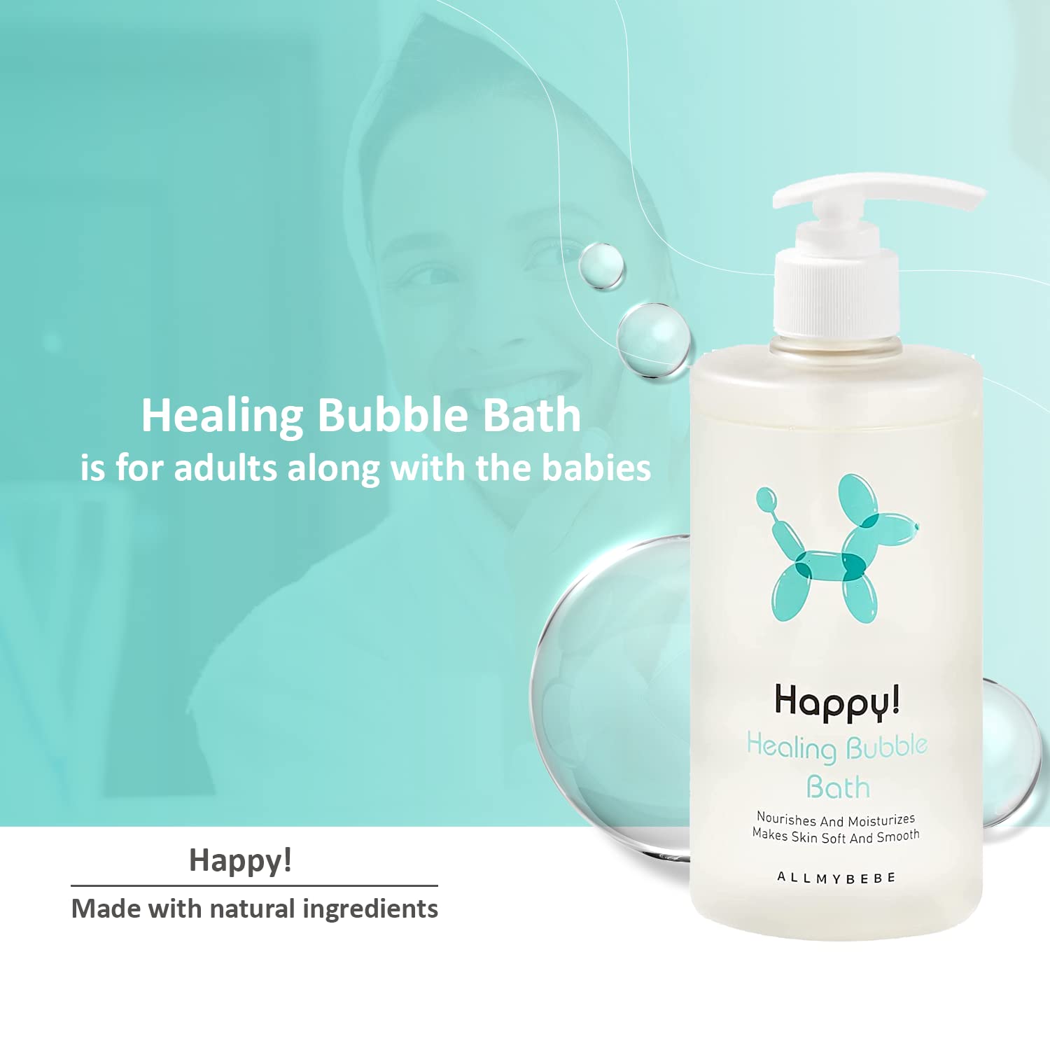 Happy! Healing Natural Refreshing Baby Bubble Bath Relaxing Fragrance Cleansing Bathing Foam Gentle Soft Smooth Skin Daily Care Use for Babies Kids Adults, 500 ML