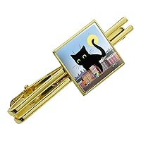 Giant Black Cat Playing with Cars Square Tie Bar Clip Clasp Tack Gold Color