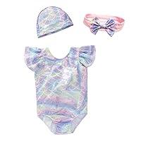 Girls Mermaid Siamese Fishscale Rainbow Swimwear Headband Cap 3-Pcs Set