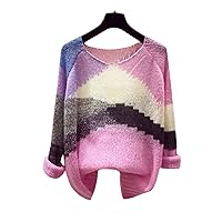 Women's Long-Sleeved, Round-Neck, Block Stripe Contrast Color Casual Loose Knit Pullover Sweater
