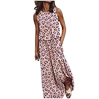 Women's Flowy Casual Loose-Fitting Summer Beach Print Sleeveless Long Floor Maxi Swing Round Neck Glamorous Dress Pink