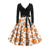 Women's Fall Dresses 2023 Vintage Classic Dress Long Sleeve Halloween Print V-Neck Swing Dress, S-2XL