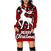 Women's Christmas Hooded Sweatshirt Dress Funny Reindeer Tunic Hoodies Long Sleeve Lightweight Pullover with Pockets