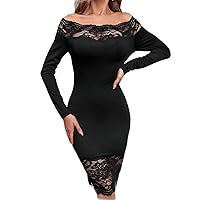 Women's Dresses Off Shoulder Lace Trim Bodycon Dress Dress for Women (Color : Black, Size : X-Small)