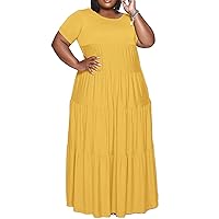 IyMoo Women's Plus Size Dresses Casual Solid Color Loose Short Sleeve Ruffle Plus Size Long Maxi Dress
