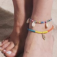 Edary Boho Handmade Elastic Beaded Anklets Shell Multicolor Beads Ankle Bracelets Conch Rainbow Ankle Chain Beach Foot and Hand Chain Summer Jewelry for Women and Girls,20220311